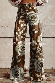 Pantalon en denim à jambe large et imprimé floral avec poches
