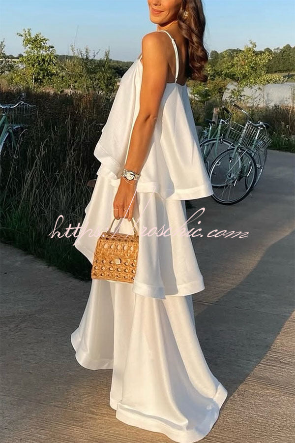 Satin Tiered Maxi Dress – Square Neck Sleeveless A-Line