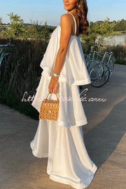 Satin Tiered Maxi Dress – Square Neck Sleeveless A-Line