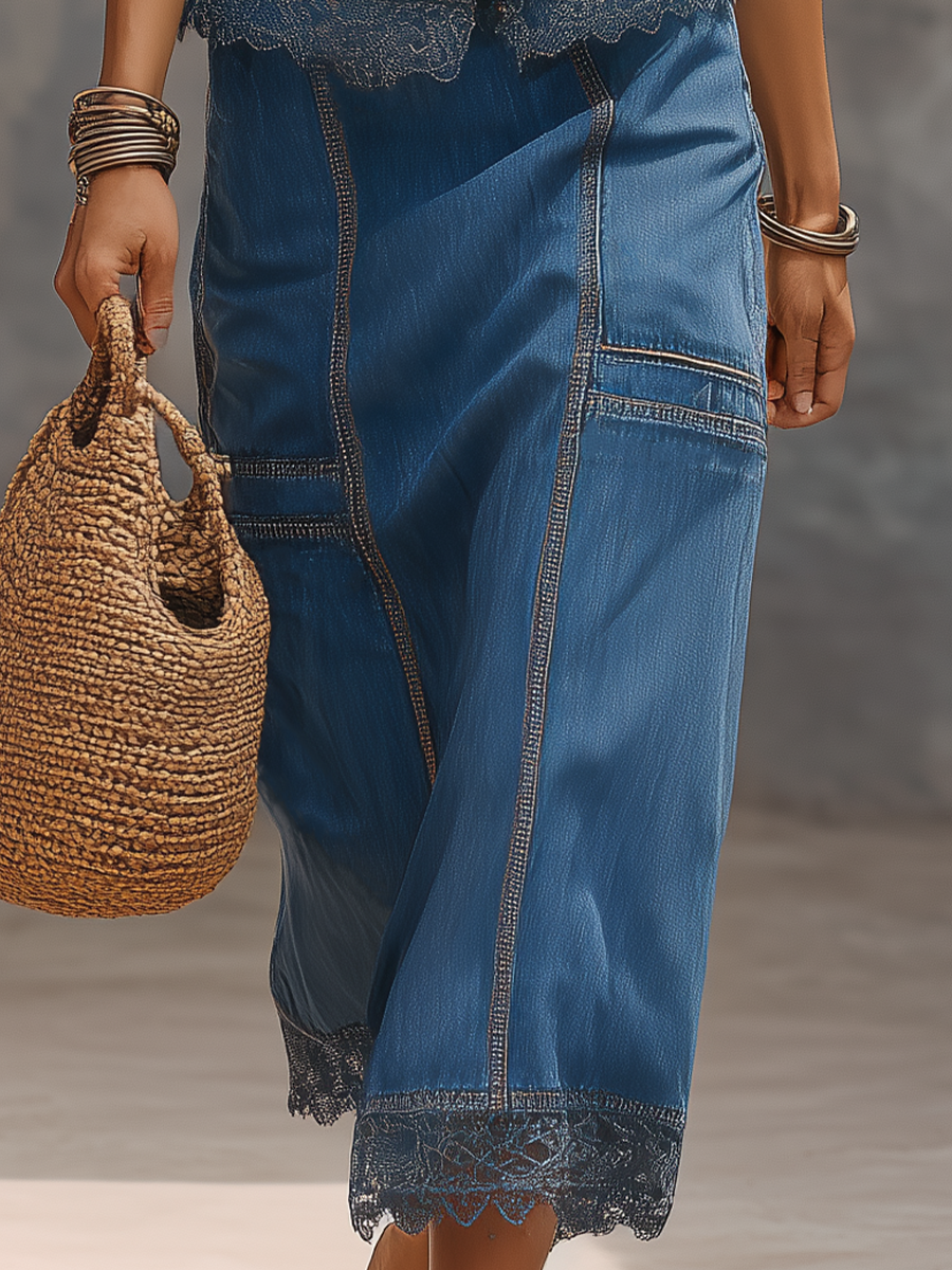 Denim Sleeveless Vest & Midi Skirt Set | Two-Piece