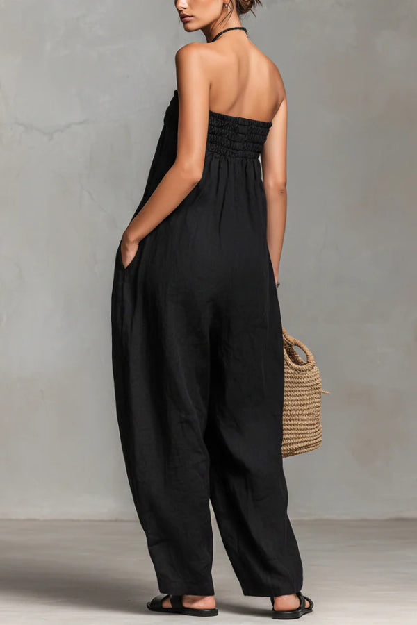 Linen Blend Off-Shoulder Jumpsuit with Pockets