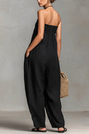 Linen Blend Off-Shoulder Jumpsuit with Pockets