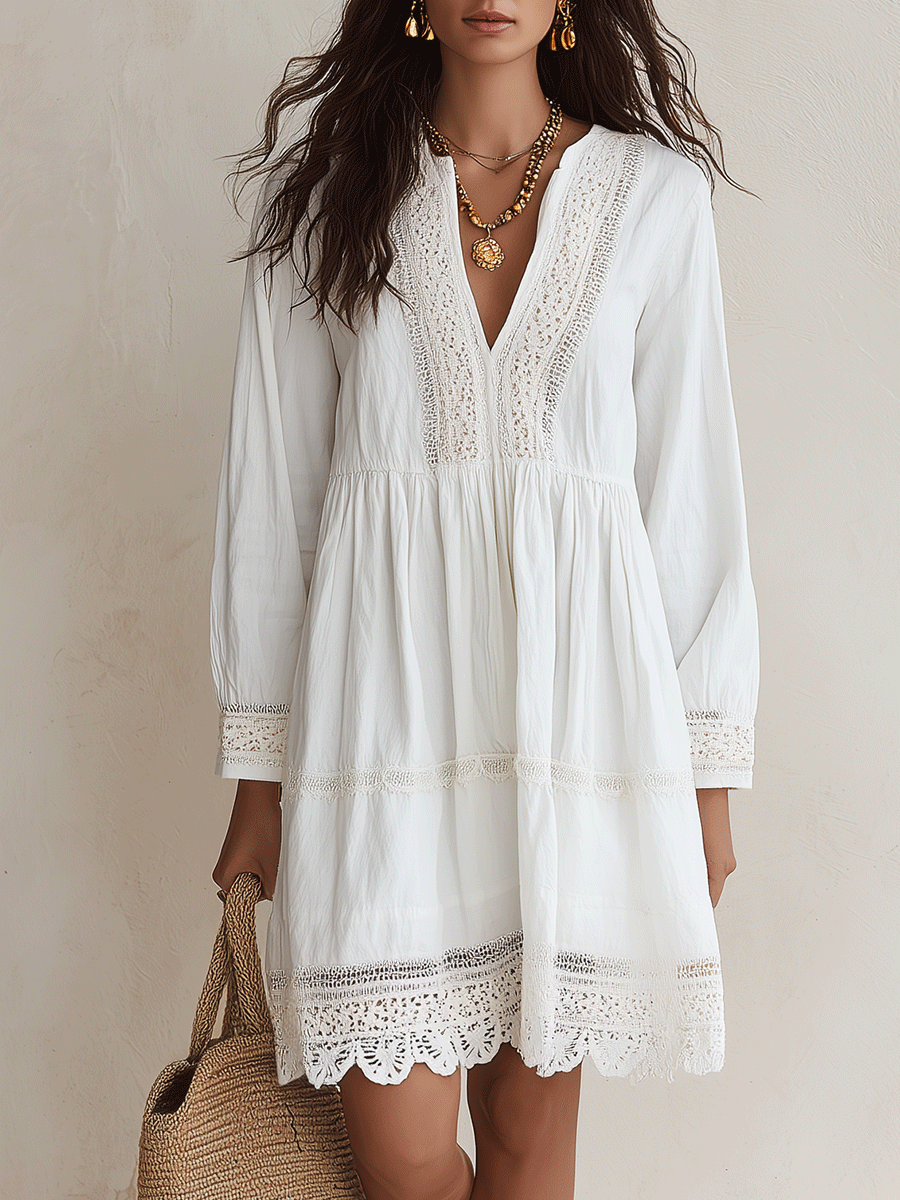White Crochet V-Neck Mini Dress with Scalloped Hem
