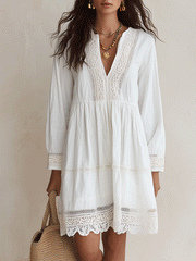 White Crochet V-Neck Mini Dress with Scalloped Hem