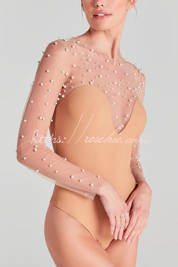 Mesh Pearl Embellished Long Sleeve Bodysuit