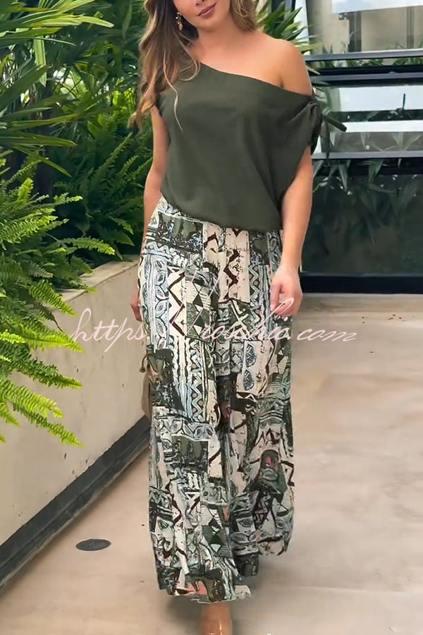 Off Shoulder Printed Top and Wide Leg Pants Set