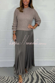 Knitted Maxi Dress | Round Neck Long Sleeve Patchwork