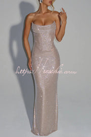 Sequin Pleated Cowl Neck Strapless Maxi Dress
