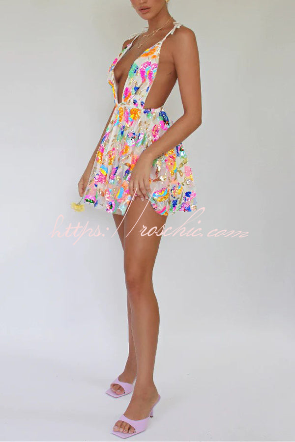 Sequin Floral V-Neck Open Back A-Line Mini Dress