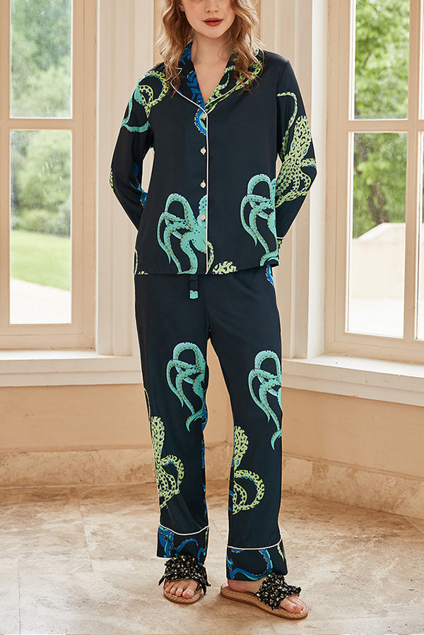 Black Octopus Print Long Sleeve Two-Piece Lounge Set