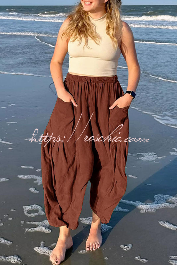 Linen Blend Drawstring Pants with Pockets – Loose Fit