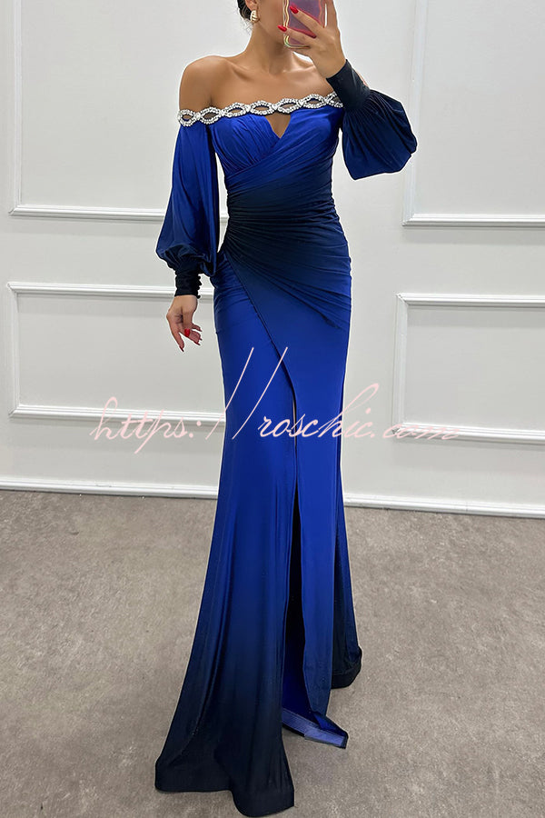 Gradient Print Off-Shoulder Gem Detail Maxi Gown Dress