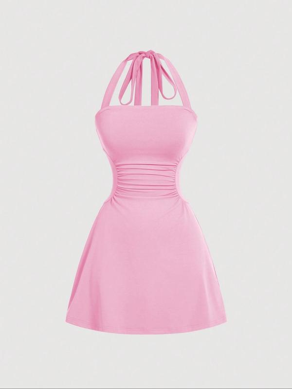 Women's Plain Ruched Tie Back Halter Dress, Casual Chic Sleeveless A Line Short Dress for Summer, Ladies Clothes for Daily Wear
