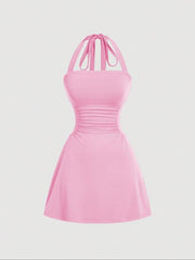 Women's Plain Ruched Tie Back Halter Dress, Casual Chic Sleeveless A Line Short Dress for Summer, Ladies Clothes for Daily Wear