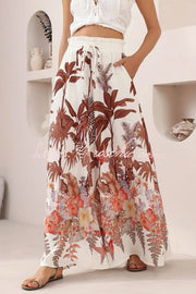 Leaf Print Wide-Leg Pants with Elastic Waist and Pockets