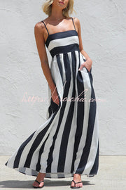 Robe longue rayée color-block avec col carré et poches