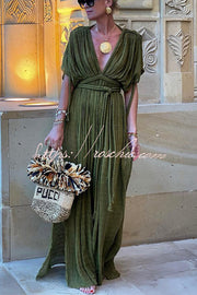 Linen Blend Draped Kimono Maxi Dress with Braided Tie