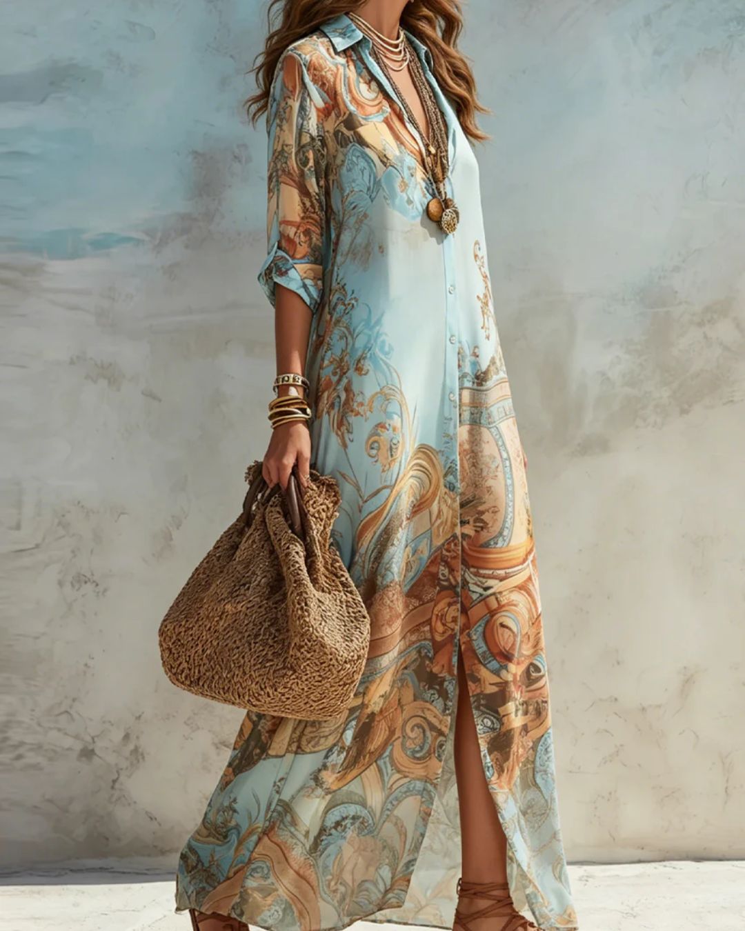 Baroque Floral Blue Chiffon Maxi Dress – A-Line Shirt Style