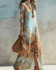 Baroque Floral Blue Chiffon Maxi Dress – A-Line Shirt Style
