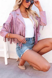 Cropped Faux Suede Jacket with Fringe Detail