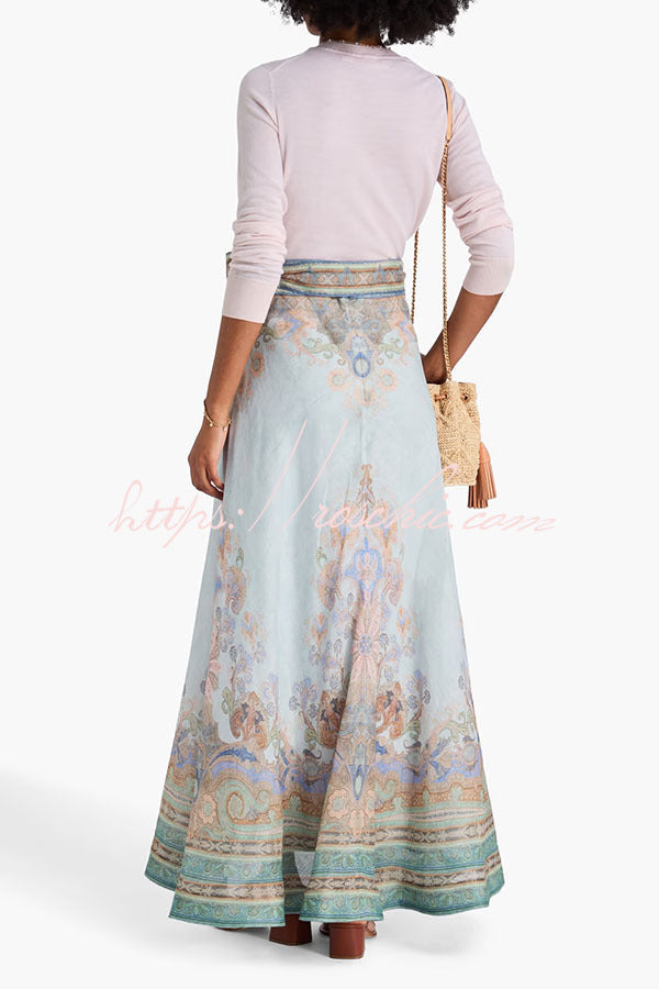 Linen Blend Paisley Maxi Skirt High Rise Tie Waist Vacation
