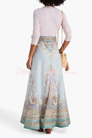 Linen Blend Paisley Maxi Skirt High Rise Tie Waist Vacation