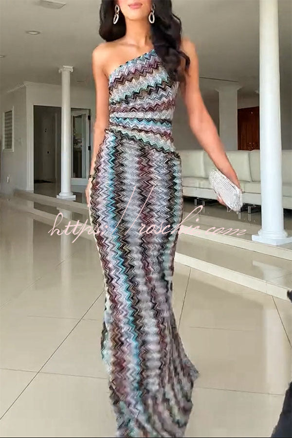Colorful Zigzag One Shoulder Slit Maxi Dress