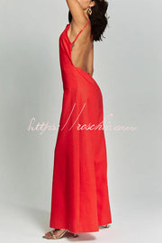 Linen Blend Wide Leg Jumpsuit with Square Neck & Pockets