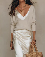 Knit & Satin Midi Skirt Set – Ivory Coordinated Ensemble