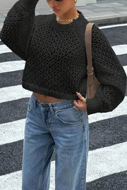 Openwork Knit Sweater – Backless Tie Back, Round Neck