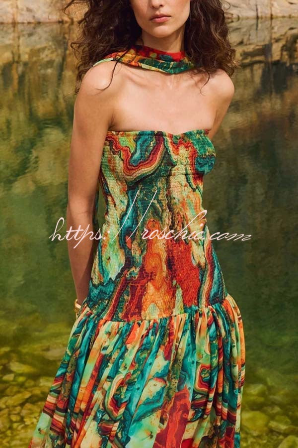 Colorful Lava Print Off Shoulder Smocked Maxi Dress