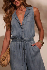 Women's Sleeveless Denim Jumpsuit with Elastic Waist & Pockets