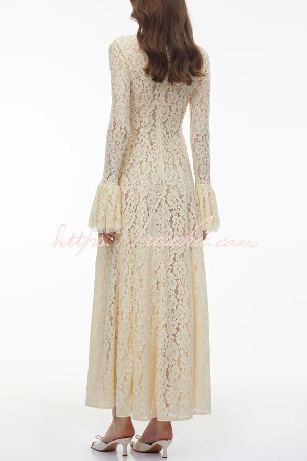 Floral Lace Mock Neck Bell Sleeve Pleated Maxi Dress