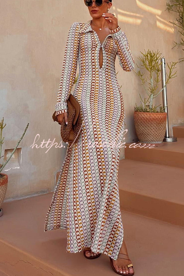 Colorful Wave Print Knit Maxi Dress – Long Sleeve