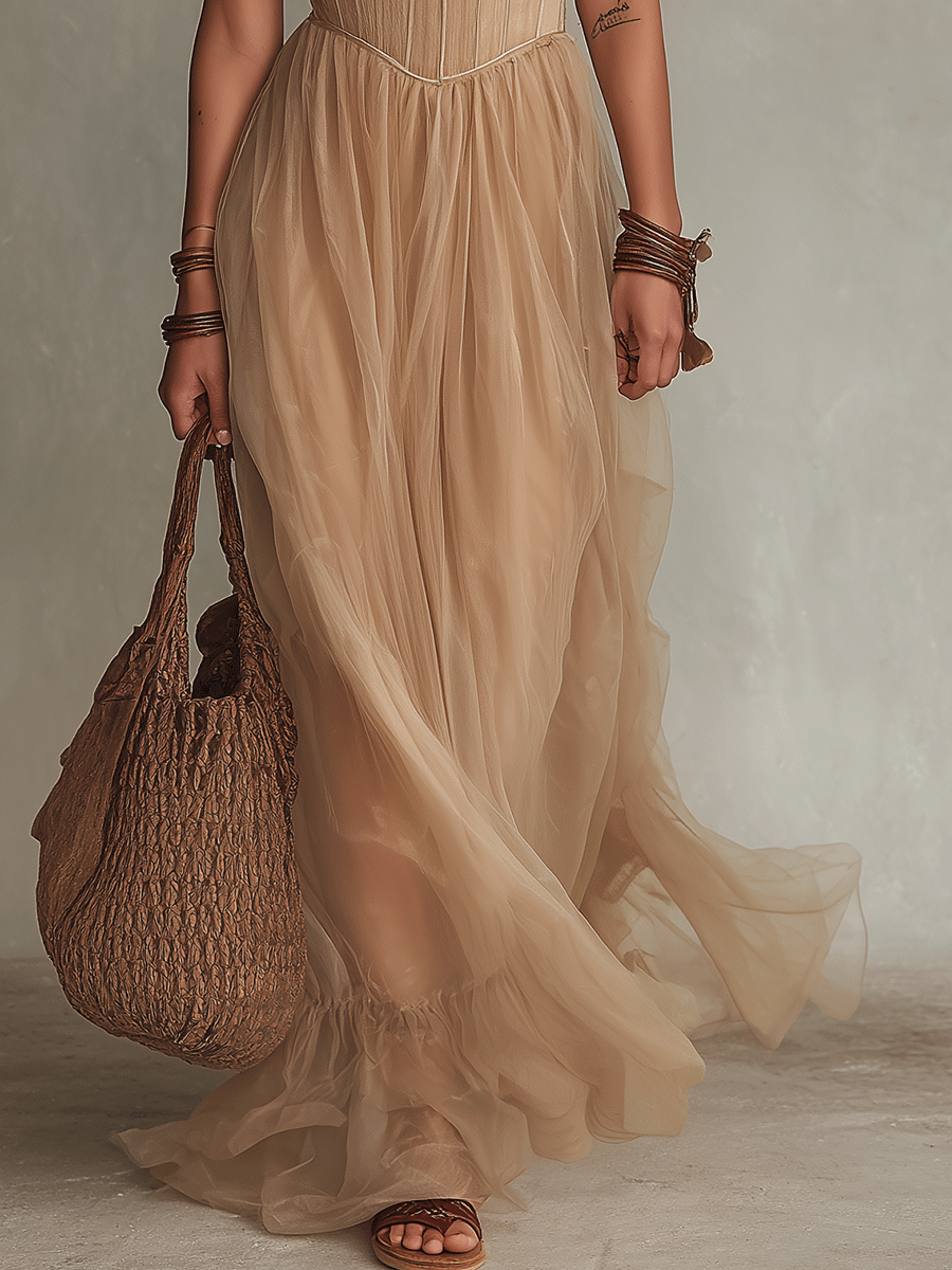 Bohemian Corset Maxi Dress in Champagne Beige