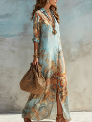 Blue Printed Shirt Dress with Self-Tie Waist & Pockets