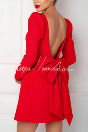 Puff Shoulder Mini Dress with Bow Back & Long Sleeves