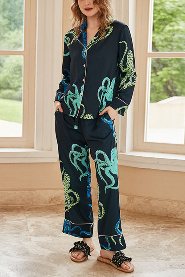 Black Octopus Print Long Sleeve Two-Piece Lounge Set