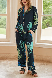 Black Octopus Print Long Sleeve Two-Piece Lounge Set