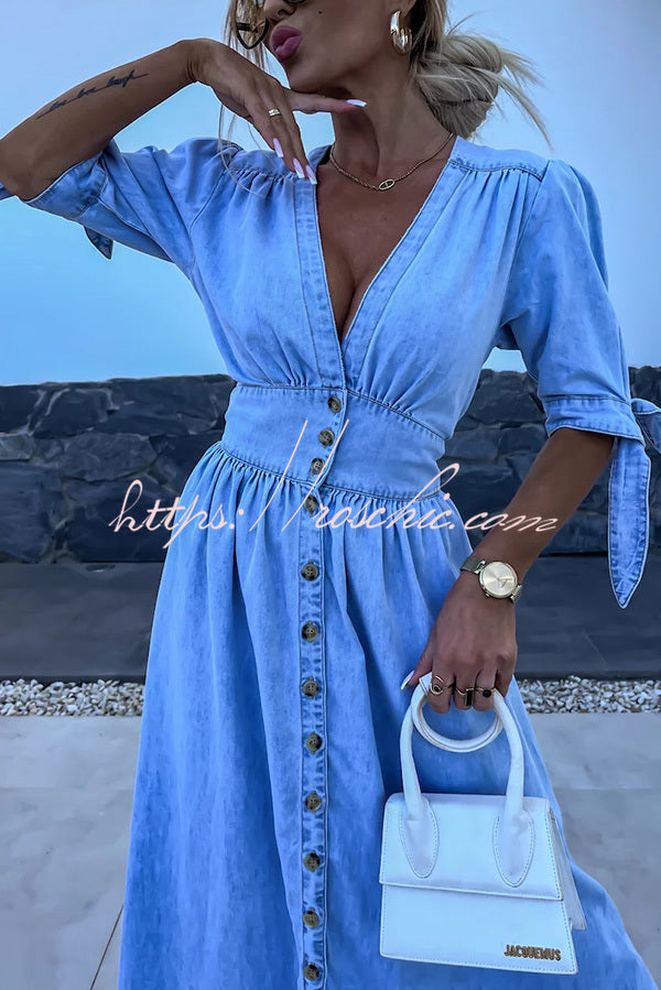 Denim Midi Dress V-Neck Button-Down Half Sleeve Loose Fit