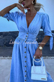 Denim Midi Dress V-Neck Button-Down Half Sleeve Loose Fit