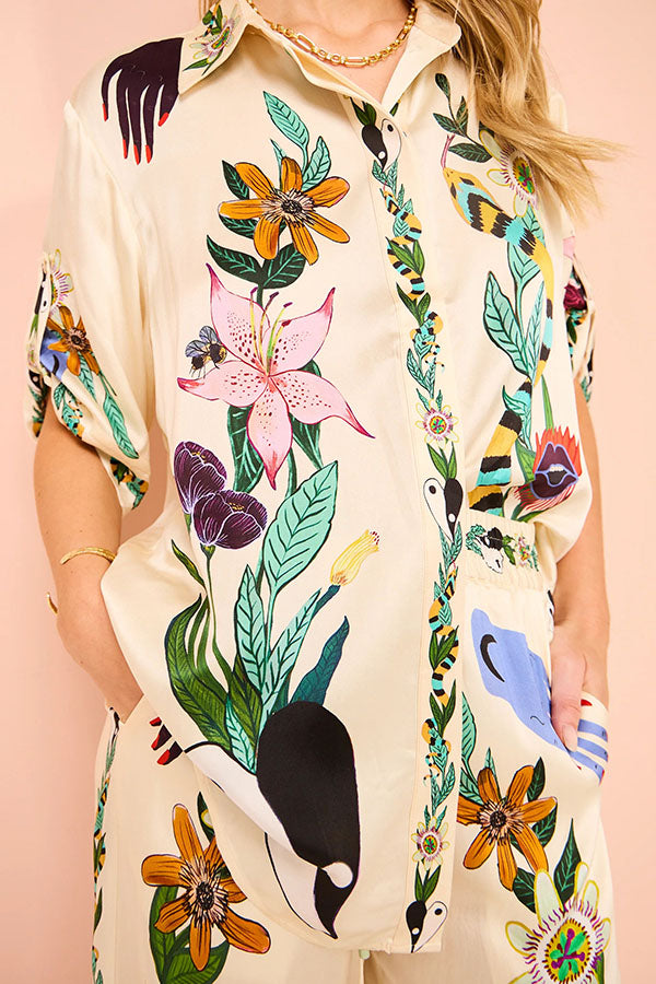 Satin Printed Oversized Button-Down Blouse | Loose Fit
