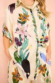 Satin Printed Oversized Button-Down Blouse | Loose Fit