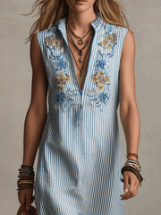 Boho Striped Embroidered Sleeveless Midi Dress
