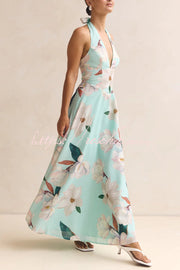 Floral Print Halter Neck Backless Maxi Dress