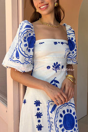 Sherbert Linen Blend Square Neck Bubble Sleeve Maxi Dress