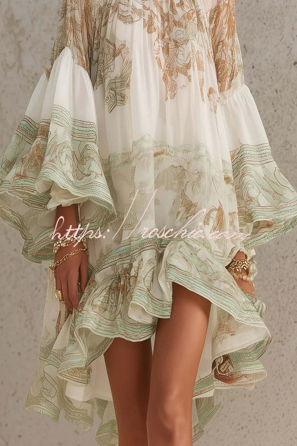 Printed Ruffle Mini Dress with Bell Sleeves