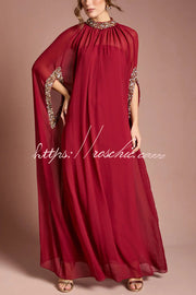 Chiffon Sequin Trim High Neck Batwing Maxi Dress