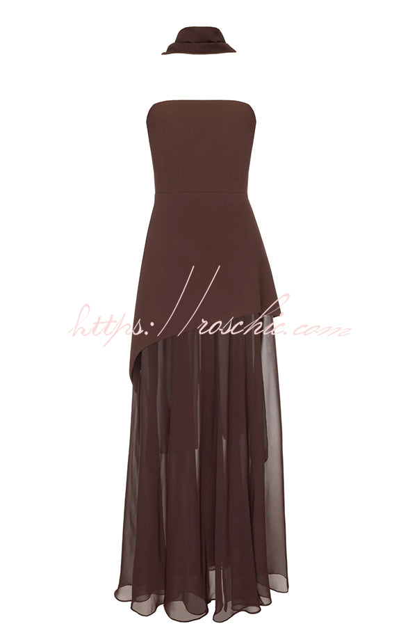 Off Shoulder Chiffon Maxi Dress with Structured Top & Slit