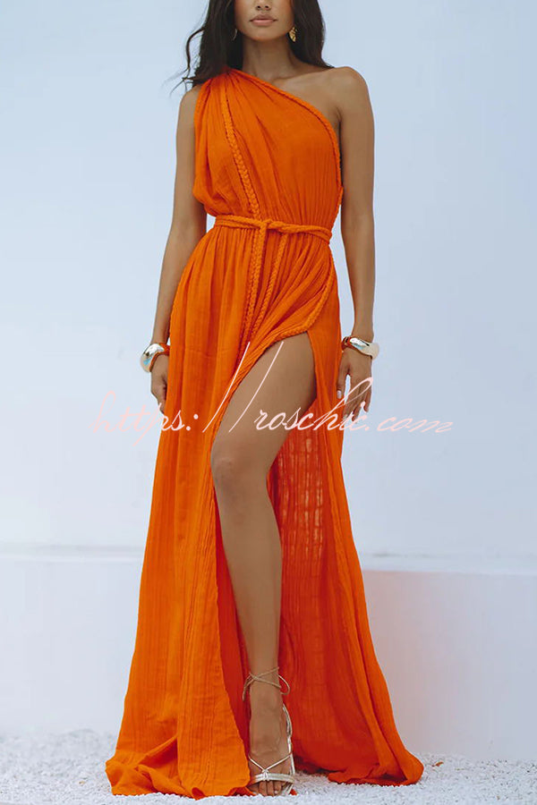 Linen Blend One Shoulder Maxi Dress with Braided Slit Detail